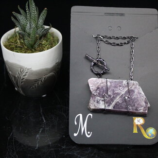 Lepidolite Necklace-Wire Wrapped Toggle Titanium 18" Rough Raw Natural