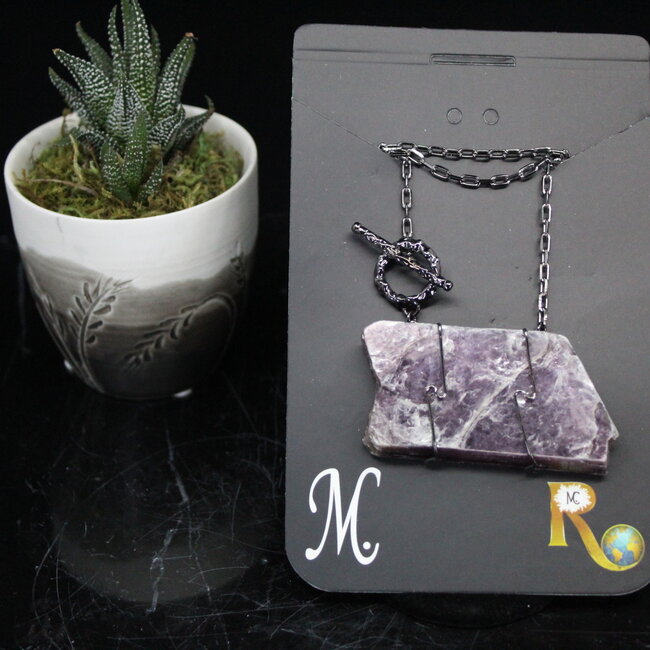 Lepidolite Necklace-Wire Wrapped Toggle Titanium 18" Rough Raw Natural