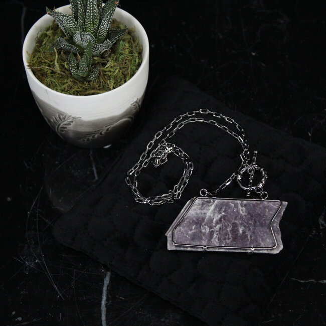 Lepidolite Necklace-Wire Wrapped Toggle Titanium 18" Rough Raw Natural