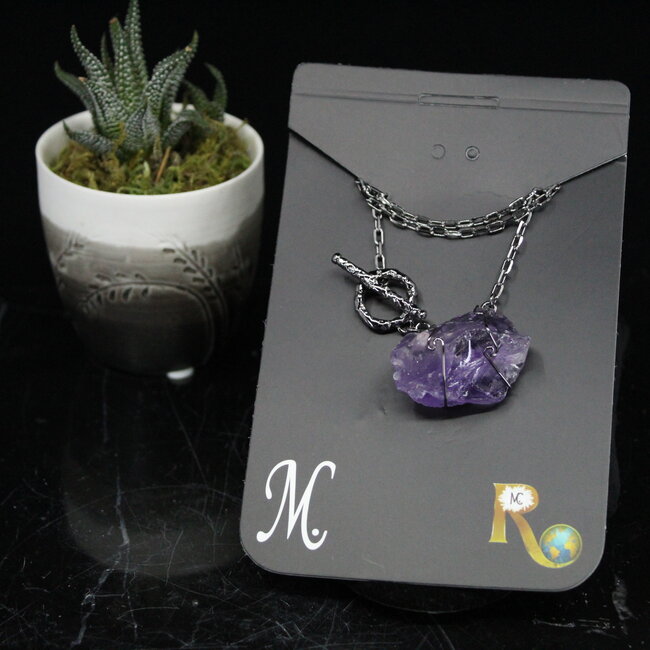 Amethyst Necklace-Wire Wrapped Necklace - 18" Toggle Titanium Rough Raw Natural