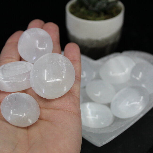 Selenite (Satin Spar Gypsum) Palm Pillow Pocket Stones - 1.75" Mini Polished