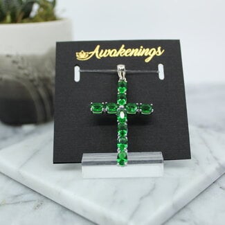 Chrome Diopside Faceted Cross Pendant - 1.5" - Sterling Silver