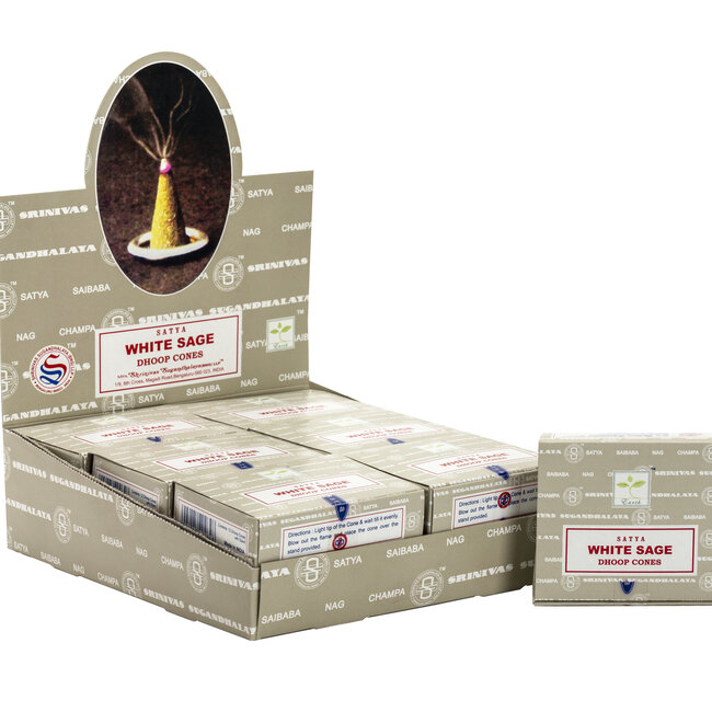 White Sage Incense (Dhoop) Cones - 12 Cones in Box - Satya