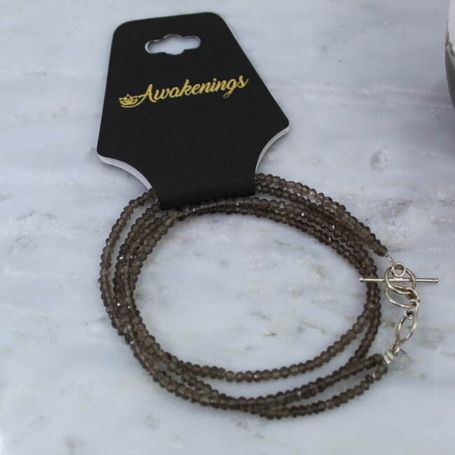 Smoky Quartz Beaded Necklace - 16-18" Double Strand Adjustable - Faceted Seed Sterling Silver Toggle Clasp