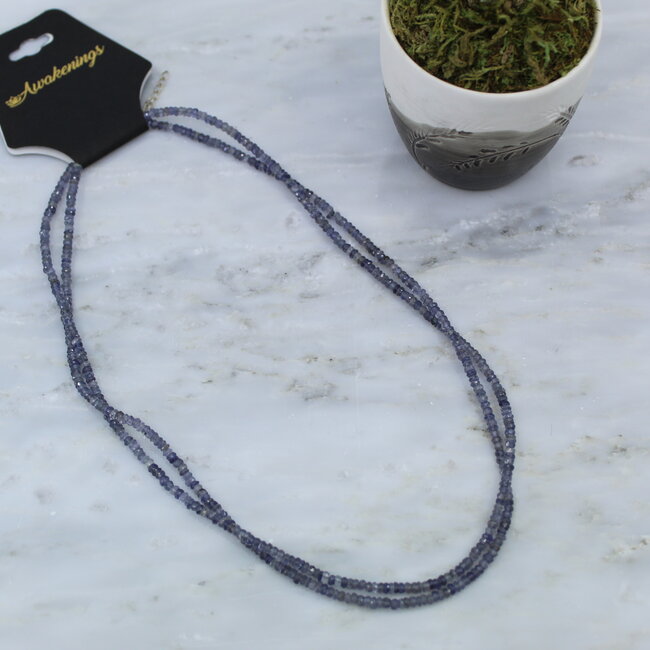 Iolite (Water Sapphire) Beaded Necklace - Double Strand 16-18" Adjustable - Faceted Sterling Silver