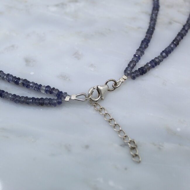 Iolite (Water Sapphire) Beaded Necklace - Double Strand 16-18" Adjustable - Faceted Sterling Silver
