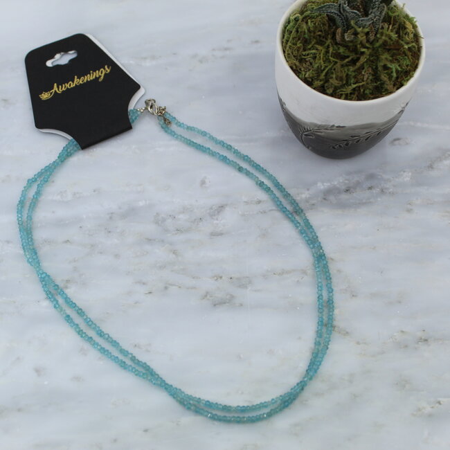 Blue Apatite Beaded Necklace - 16-18" Adjustable - Faceted Sterling Silver