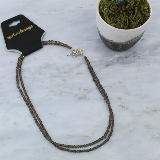 Smoky Quartz Beaded Necklace - 16-18" Double Strand Adjustable - Faceted Seed Sterling Silver Toggle Clasp