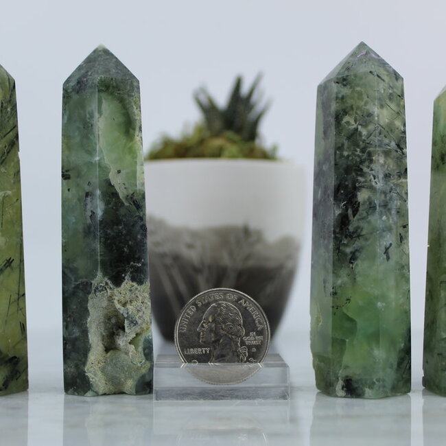 Green Prehnite (Epidote Inclusion) Tower Point Generator- Medium (2-4") Tourmalinated Rutile