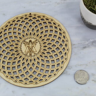 Crystal Grids - Vitruvian Man Seed Flower of Life - Carved Wood Merkabah Round - 5.75"
