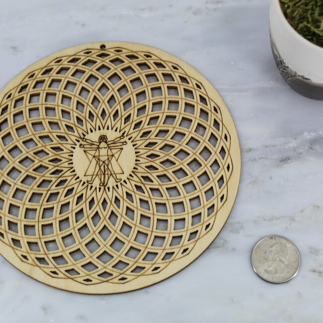 Crystal Grids - Vitruvian Man Seed Flower of Life - Carved Wood Merkabah Round - 5.75"