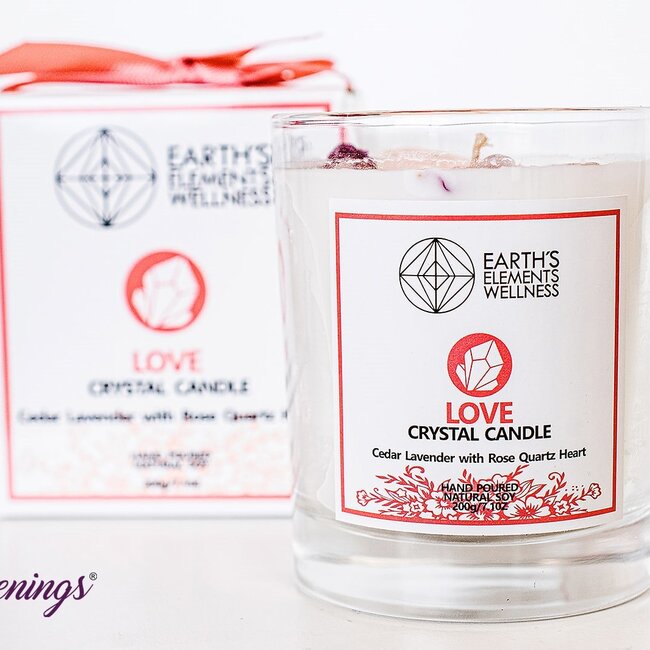 Love Crystal Candle - Cedar Lavender - Rose Quartz Heart - Earth's Elements