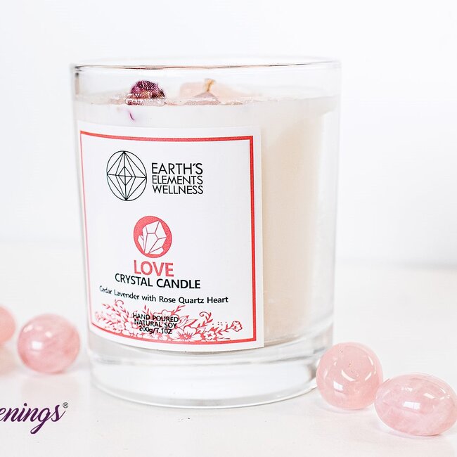 Love Crystal Candle - Cedar Lavender - Rose Quartz Heart - Earth's Elements
