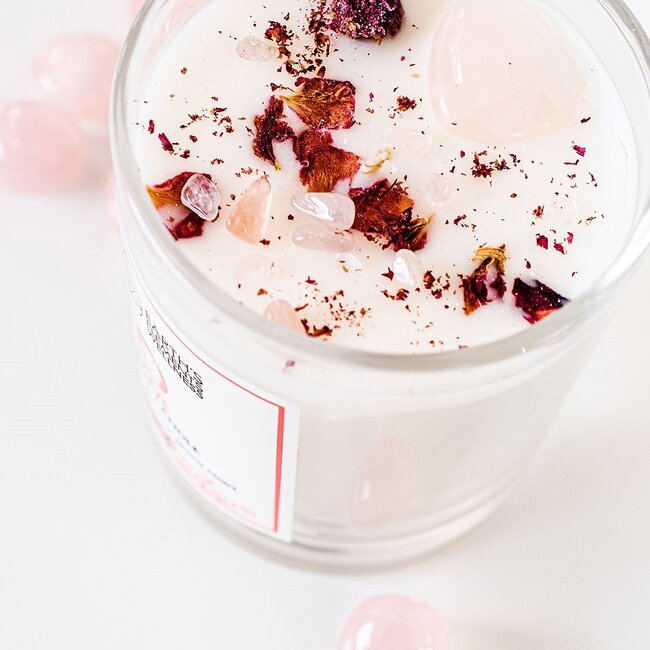 Love Crystal Candle - Cedar Lavender - Rose Quartz Heart - Earth's Elements