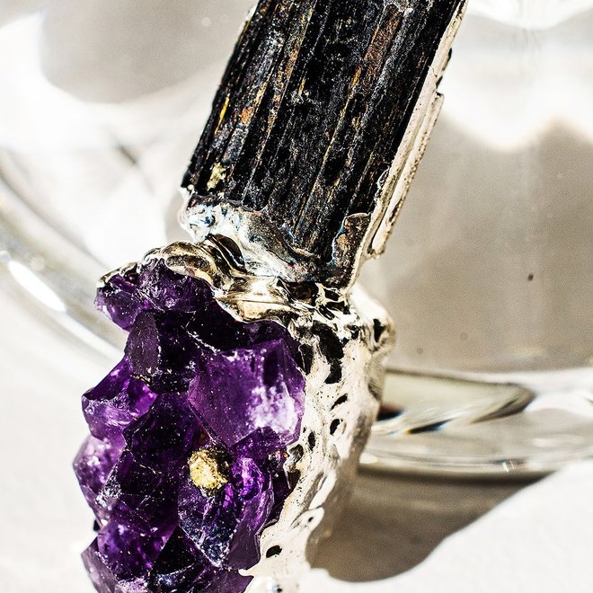 Black Tourmaline and Amethyst- Stacked Pendant (1.5")
