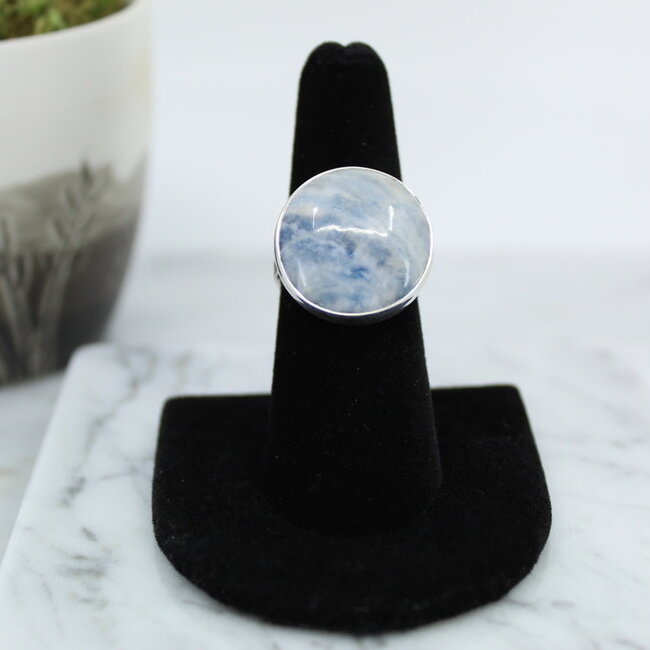Blue Scheelite Ring-Large Round Adjustable-Sterling Silver