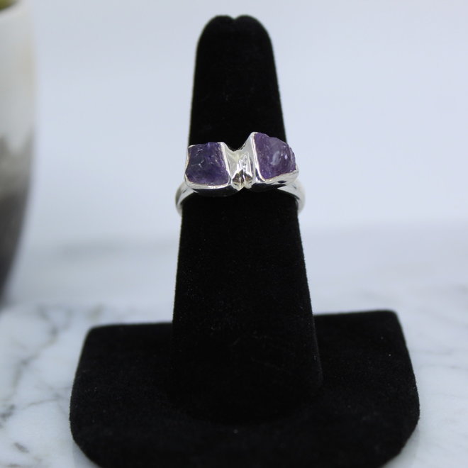 Amethyst Double Ring-Adjustable Rough-Sterling Silver Natural Raw