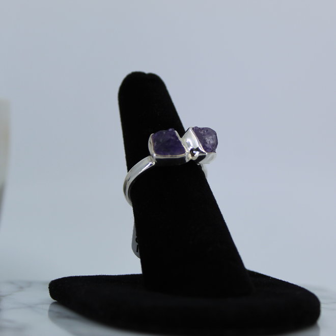 Amethyst Double Ring-Adjustable Rough-Sterling Silver Natural Raw