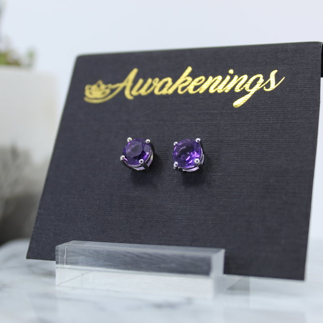 Amethyst Earrings-Faceted Round Stud 6mm- Sterling Silver
