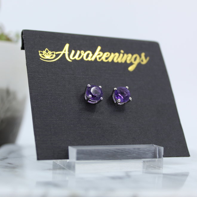 Amethyst Earrings-Faceted Round Stud 6mm- Sterling Silver
