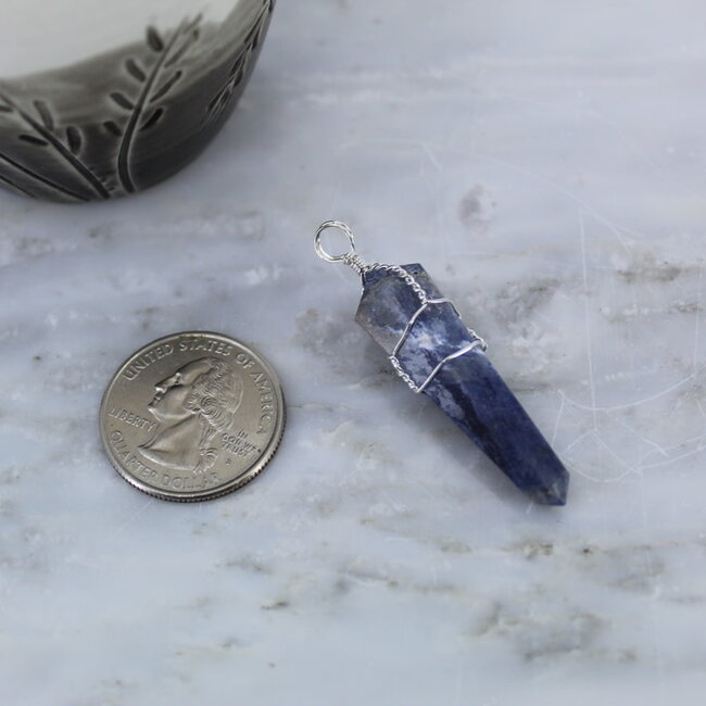 Sodalite Pendants - Wire Wrapped Faceted Points - Silver Plated