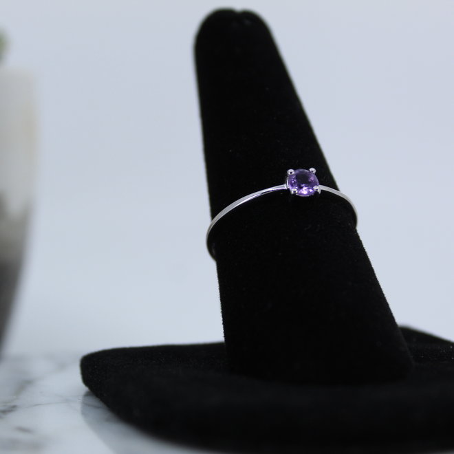 Amethyst Ring-Size 8 Simple Round Faceted-Sterling Silver