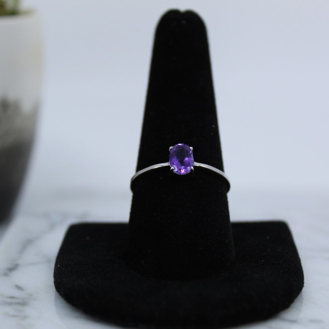 Amethyst Ring-Size 9 Faceted Oval-Sterling Silver