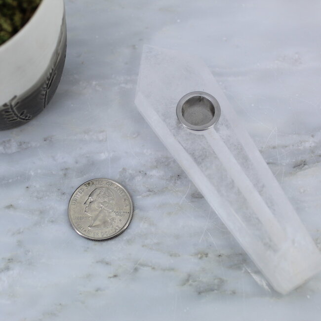 Clear (Crystal) Quartz Crystal Tabacco Pipe - Mesh Screen