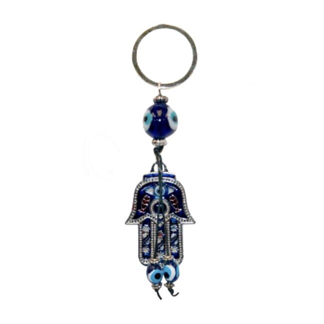 Fatima Hamsa Hand Keychain - Blue Evil Eye Beaded Inlay Talisman