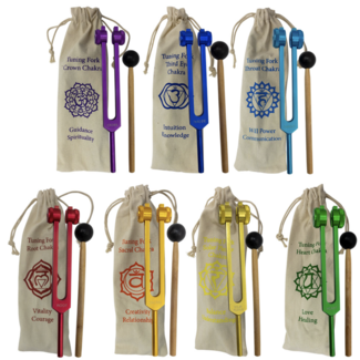 Tuning Fork Set 7 Seven Chakra Reiki-Individual Pouches & Mallets - Aluminum  Frequency Hz