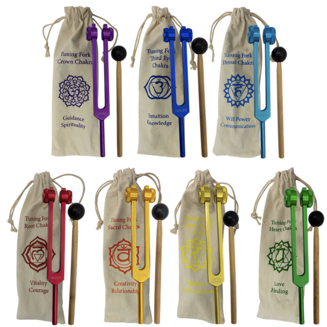 Tuning Fork Set 7 Seven Chakra Reiki-Individual Pouches & Mallets-Aluminum  Frequency Hz
