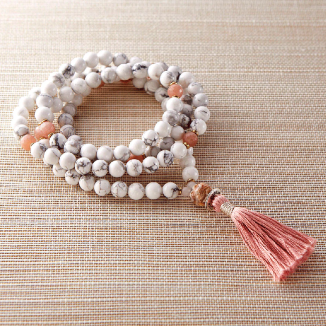 Gentle Ways Mala - Silver & Sage - White Howlite (Magnesite), Moonstone, Rose Quartz & Agate