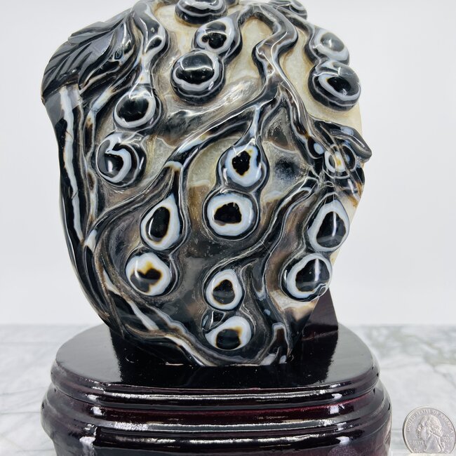 Black Agate Plant Sculpture with Wood Stand - 9" Carvings Home Decor Specimen