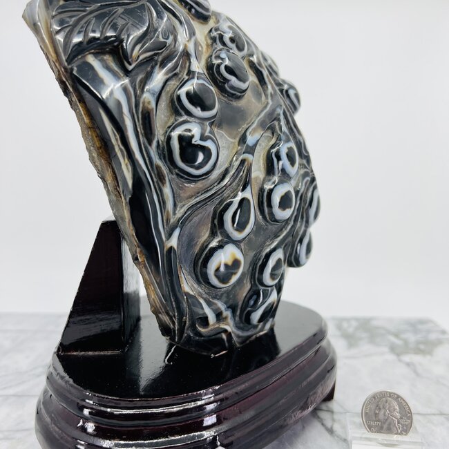 Black Agate Plant Sculpture with Wood Stand - 9" Carvings Home Decor Specimen