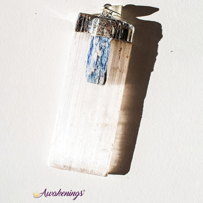 Selenite (Satin Spar Gypsum) Blue Kyanite Pendants - Flat Blade Rough Raw Natural - Silver Plated Cap (2")