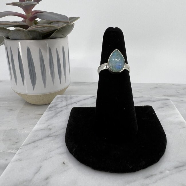 Green Rainbow Moonstone (Garnierite) Ring - Size 6 Teardrop Pear Sterling Silver