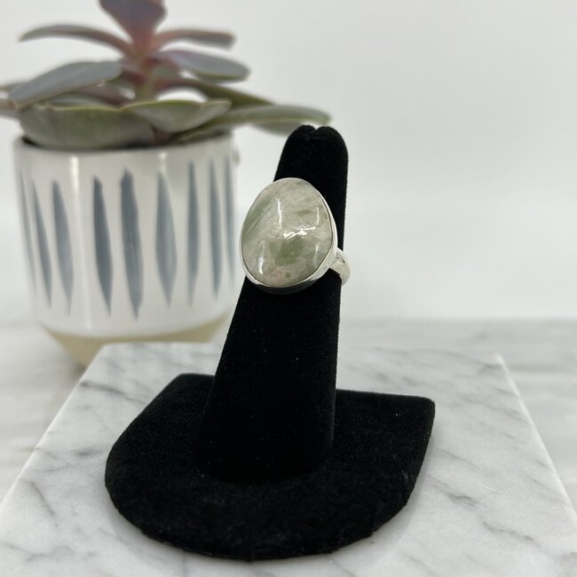 Green & Pink Scolecite Oval Ring- Size 6- Sterling Silver