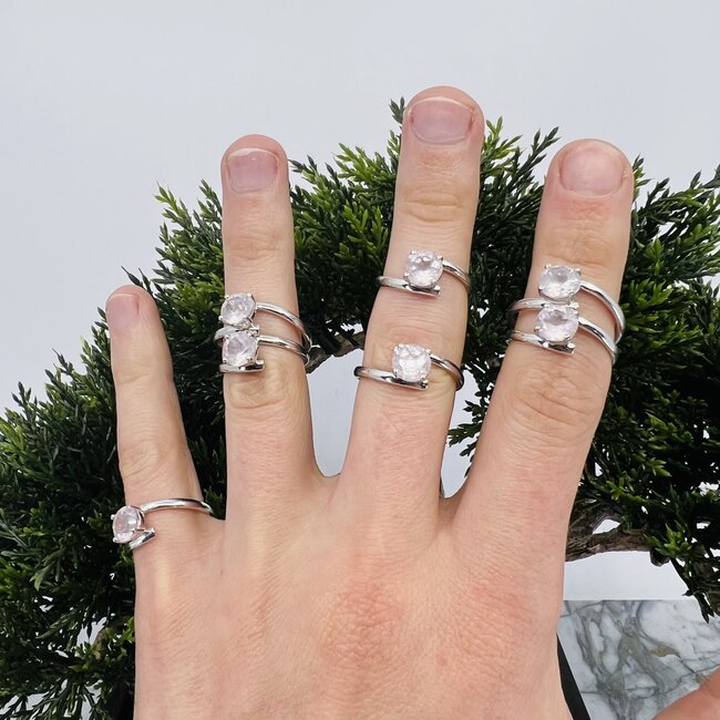 Rose Quartz Rings - Size 6.5 Round Circle - Bypass Faceted - Sterling Silver