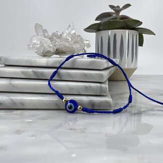 Evil Eye Bracelets - Blue 7 Seven Knot Gold Beaded - Adjustable Parachute Corded Blue Eye