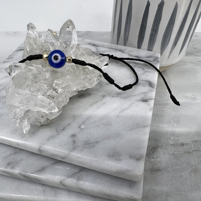 Evil Eye Bracelets - Black 7 Seven Knot Gold Beaded - Adjustable Parachute Corded Blue Eye