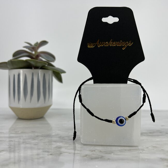 Evil Eye Bracelets - Black 7 Seven Knot Gold Beaded - Adjustable Parachute Corded Blue Eye