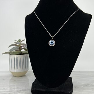 Evil Eye Necklaces - 18" Jeweled Round Blue Eye - Silver Plated