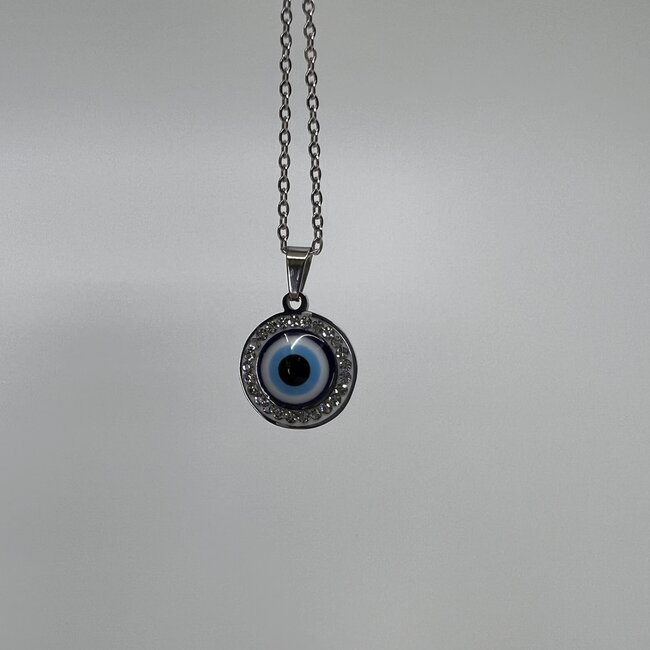Evil Eye Necklaces - 18" Jeweled Round Blue Eye - Silver Plated