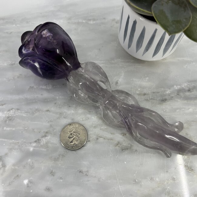 Amethyst Rose Wand Sculpture - Carving 8" XL Large