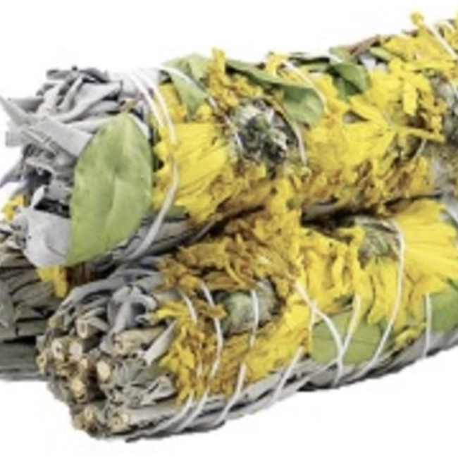 White Sage & Sunflower Floral Bundle Smudge Stick   - 4"