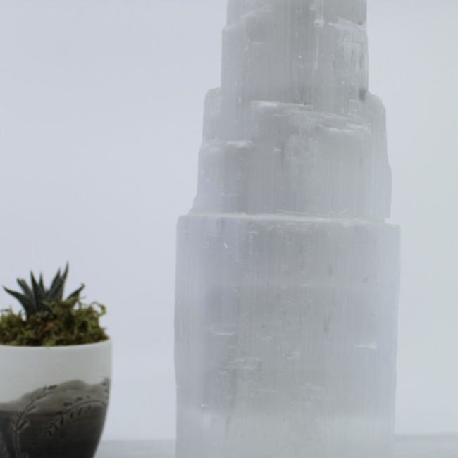 Selenite (Satin Spar Gypsum) Single Iceberg Tower Lamp Light - Medium 10" (Cord & Bulb Included)