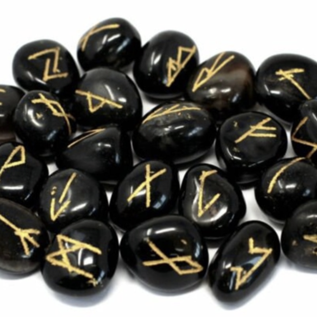 Black Agate Runes Set - Velvet Bag Divination Tool Elder Futhark Casting Nordic