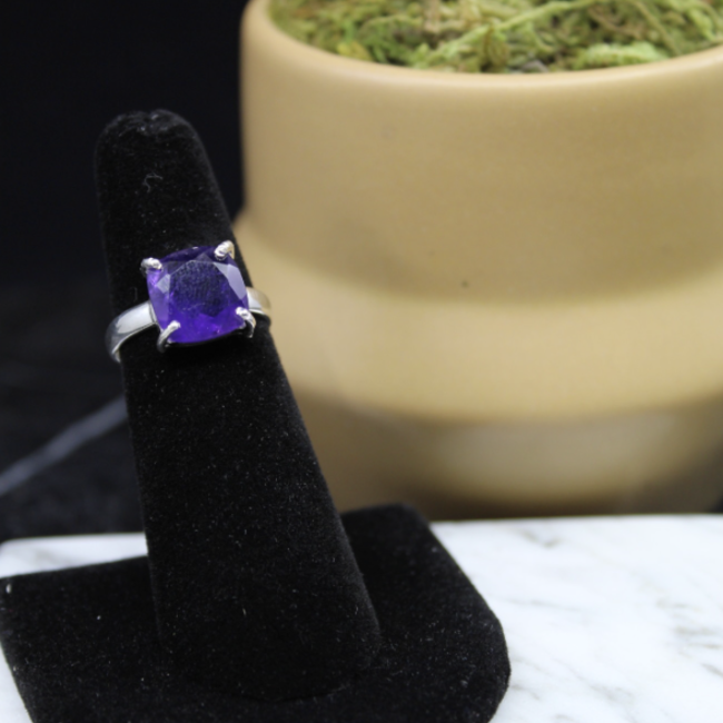 Amethyst Ring (Square) - Size 6 Faceted Sterling Silver