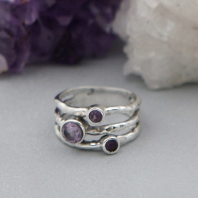Amethyst Triple Wrap Ring - Size 6 Faceted Round - Sterling Silver