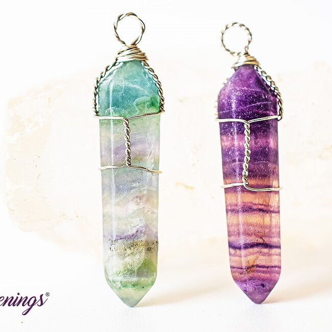 Rainbow Fluorite Pendants - Wire Wrapped Faceted Points - Silver Plated